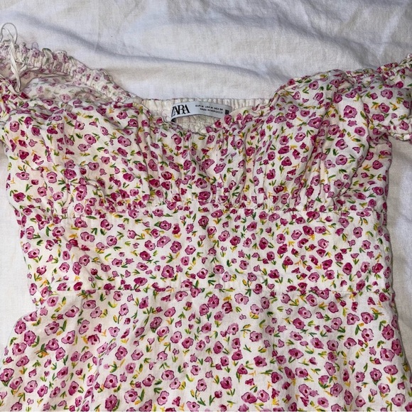Zara SMALL Off The Shoulder Smocked Mini Dress Floral Linen Blend Cottagecore - Picture 2 of 7
